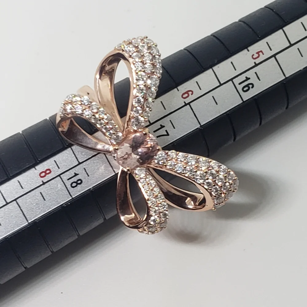 AAA Natural Pink Morganite & Pave Set Moissanite Bow Ring in 18k Rose Gold over - Picture 7 of 10